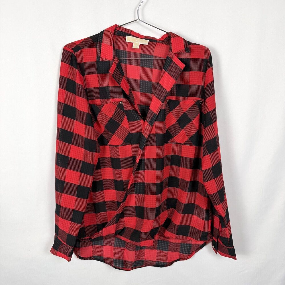 MICHAEL Michael Kors Buffalo Plaid Red Black Plaid Button-Up V-Neck Blouse M